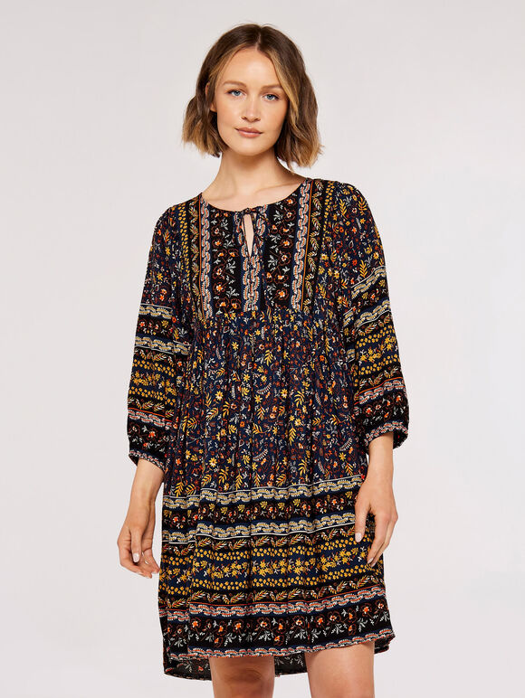 Folk Border Print Mini Dress, Navy, large