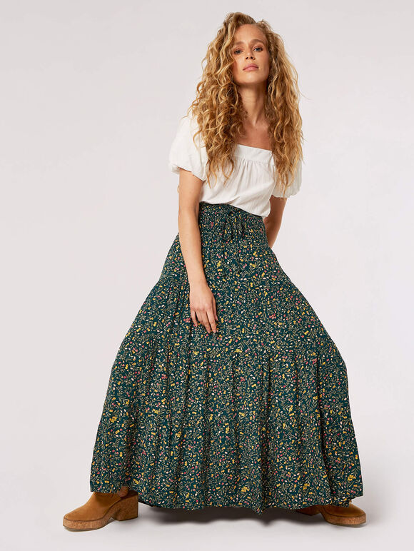 Forest Floral Tiered Maxi Skirt, Green, large