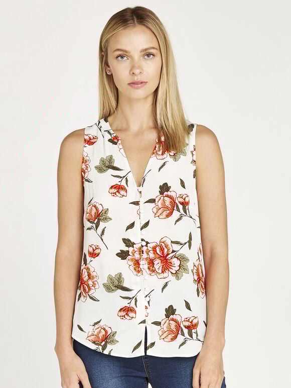 Floral Button Down Sleeveless Shirt, Cream, large