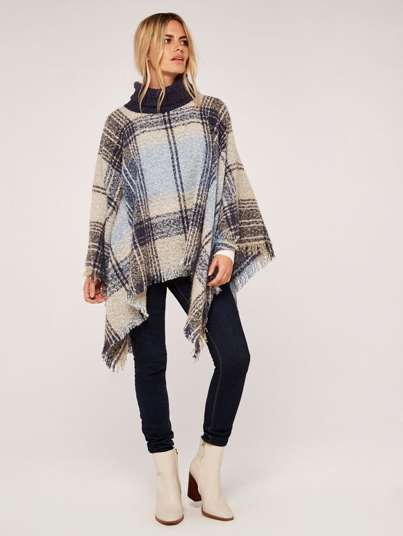 Plaid Roll Neck Poncho, Blue, large