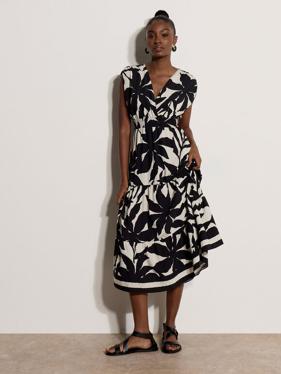 Floral Silhouette Tiered Midi Dress, Black, large