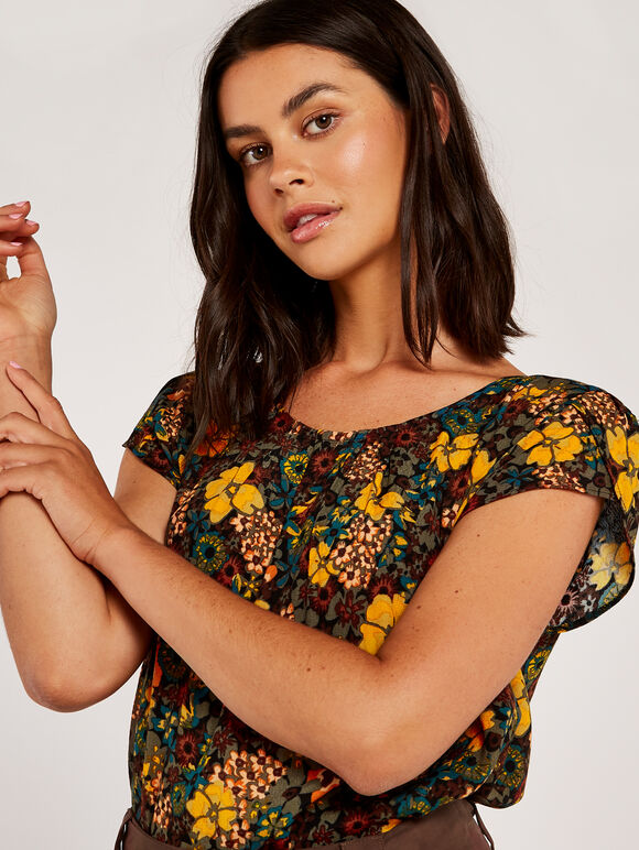Retro Floral Tulip Sleeve Top, Black, large