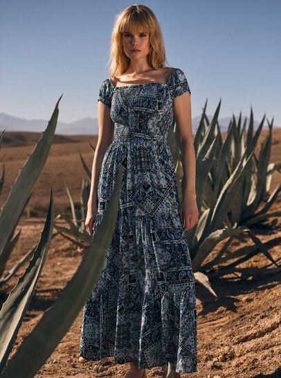 Milchmädchen-Maxikleid mit Schal-Print