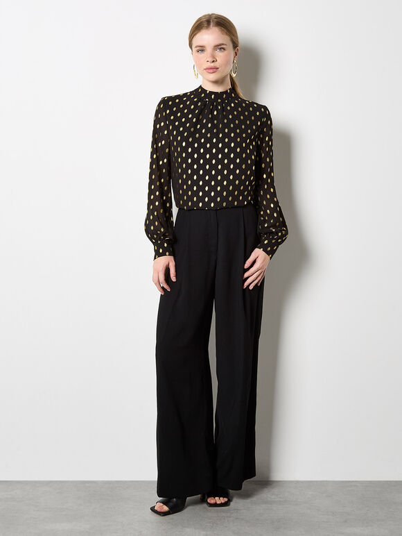 Gold Foil Print Crepe Top, Black, large