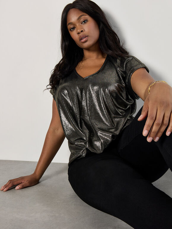 Curve Metallic Foil Twist Hem Top, Yellow, large