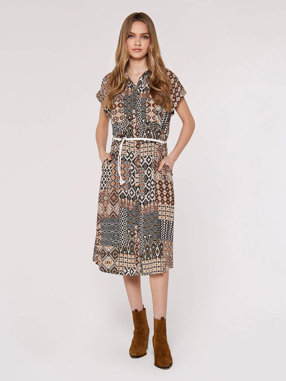 Ikat Patchwork Midi Dress, Rust, large