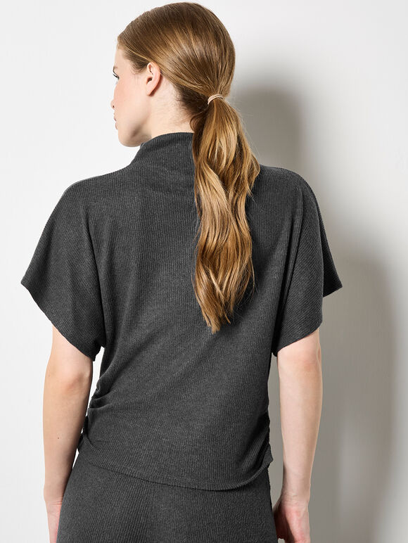 Soft Knit Side Ruched Top, Dark Grey - Charcoal, large