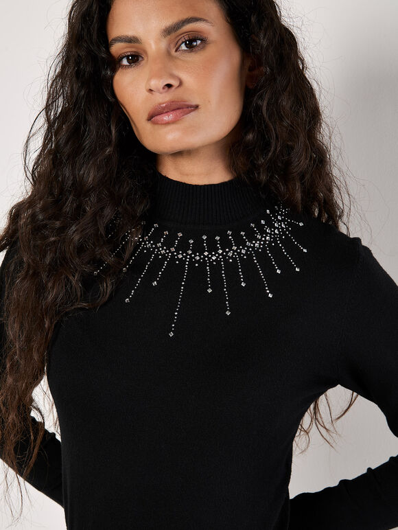 Rhinestone Gem Embellished Jumper, Black, large