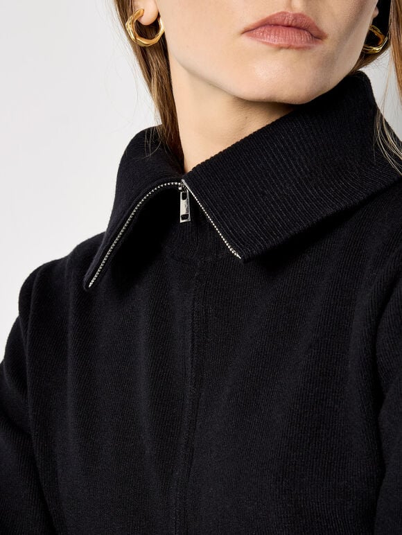 Double Zip Ribbed Knit Cardigan, Black, large