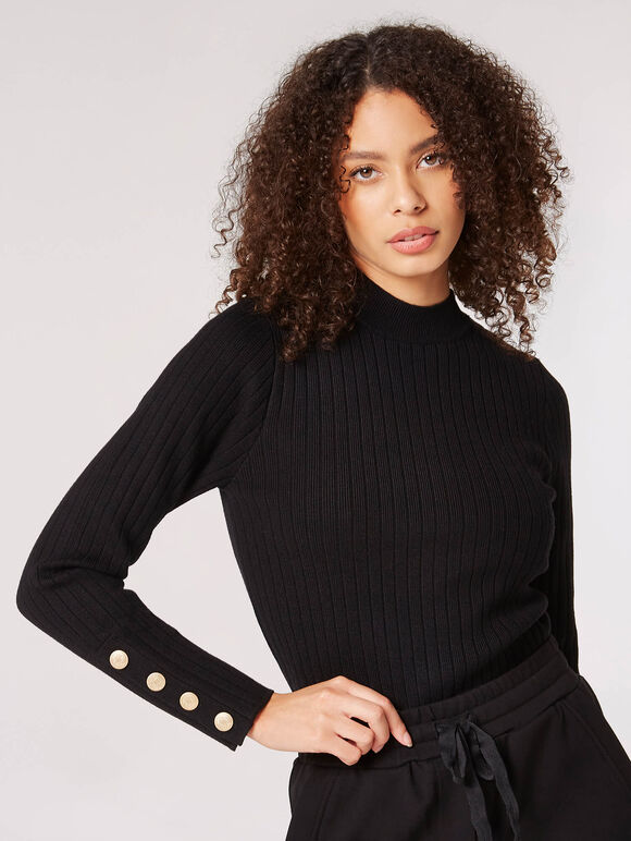 Gold Button Ribbed Jumper, Black, large