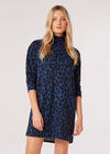 Cheetah Mock Neck Mini Dress, Navy, large