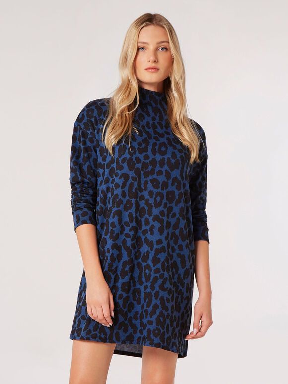 Cheetah Mock Neck Mini Dress, Navy, large