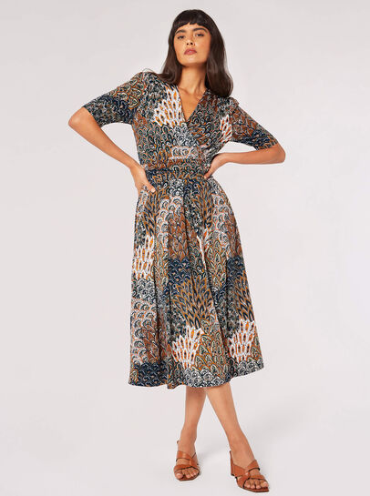Feather Print Wrap Midi Dress