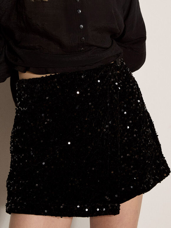 Velvet Sequin Mini Skort, Black, large