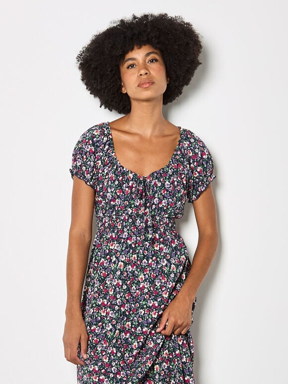 Ditsy Floral Milkmaid Midi Dress, Purple, large