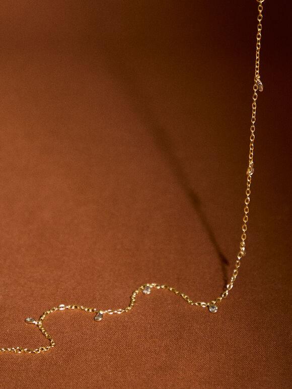 Gold Tone Dainty Stone Necklace, Gold, large