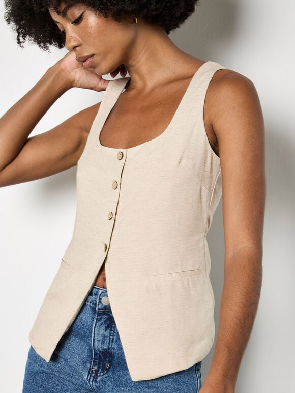 Button Down Woven Vest Top, Stone, large
