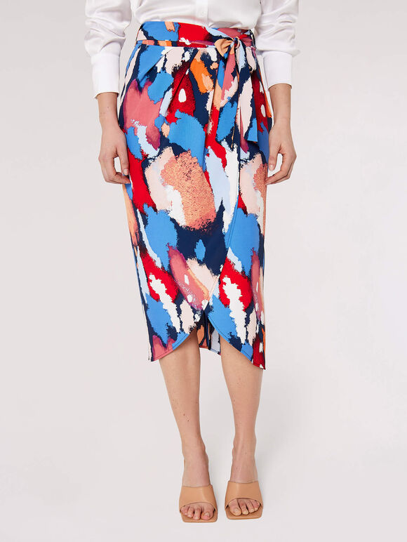 Printed  Wrap Midi Skirt, Navy, large