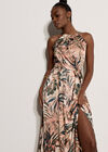Tropical Leaf Satin Maxi Dress, Stone, large