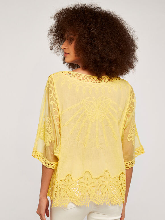 Crochet V Neck Top, Yellow, large