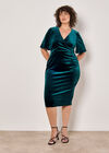 Curve Ruched Waist Velvet Midi Dress, Green, large