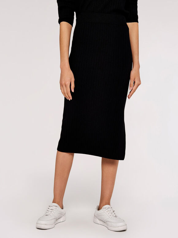 Vertical Rib Side Split Skirt, Black, large