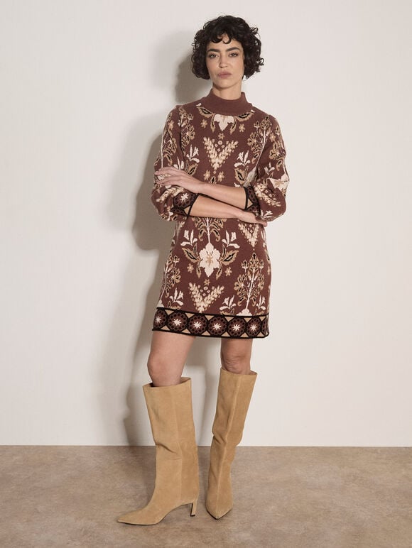 Folk Floral Mini Jumper Dress, Brown, large