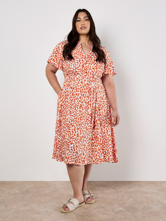 Curve Leopard Shirt Midi Dress, Orange, large