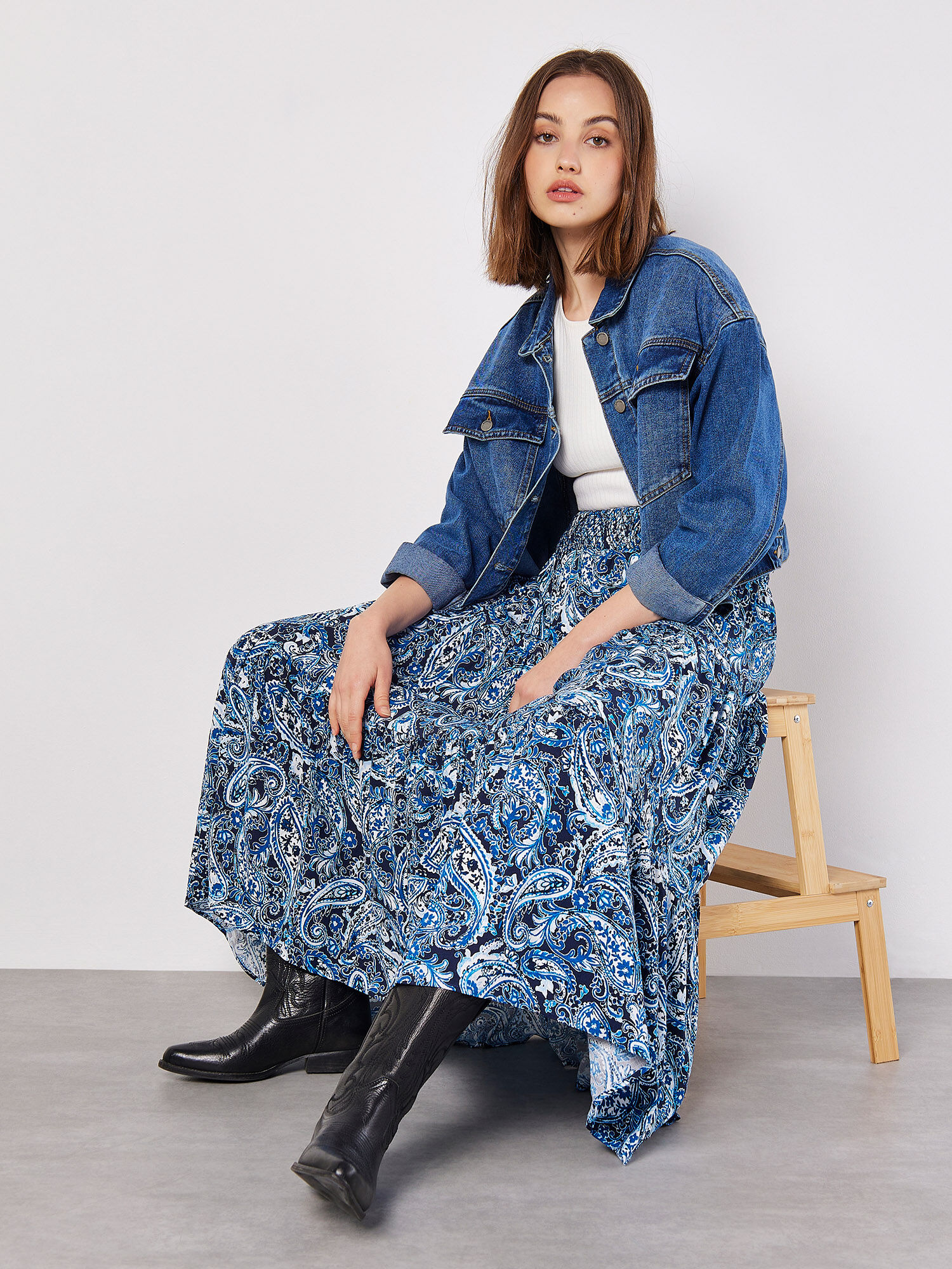 Paisley Tiered Maxi Skirt Apricot Clothing