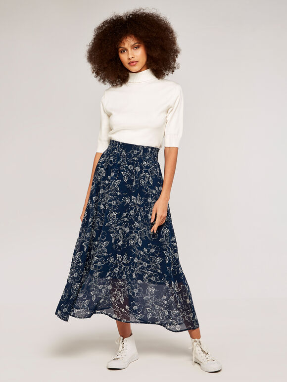  Retro Floral Skirt, Navy, large