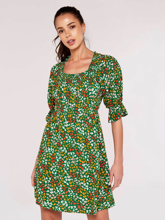 Ditsy Milkmaid Mini Dress, Green, large