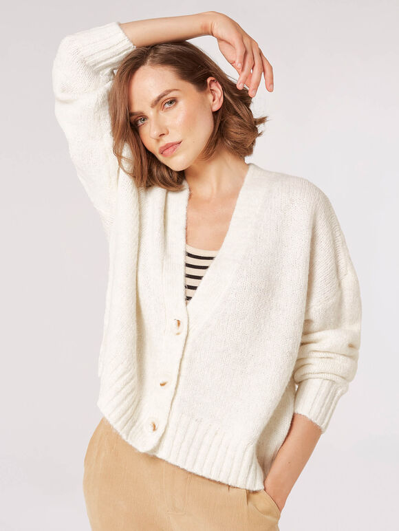 Fisherman Knit Cropped Cardigan, White, large