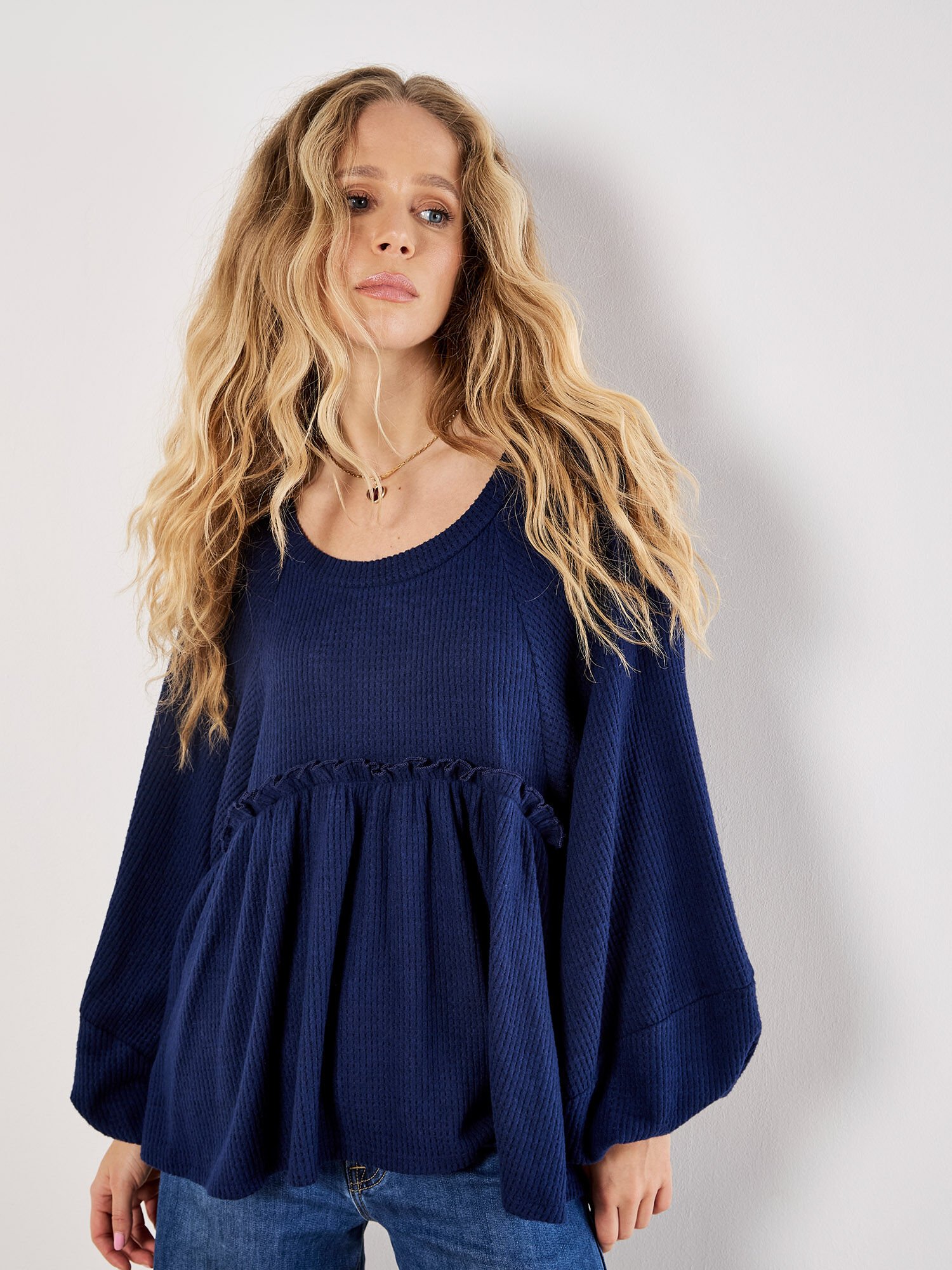 Waffle Knit Babydoll Oversized Top | Apricot Clothing