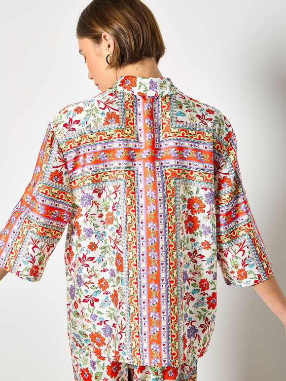 Floral Scarf Print Satin Shirt, Orange, large