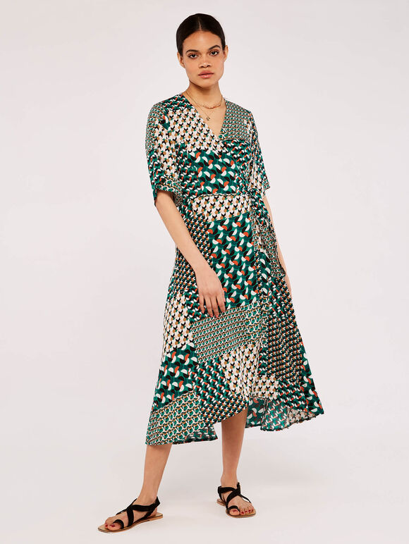 Geometric Patchwork Cocoon Dress, Green, large
