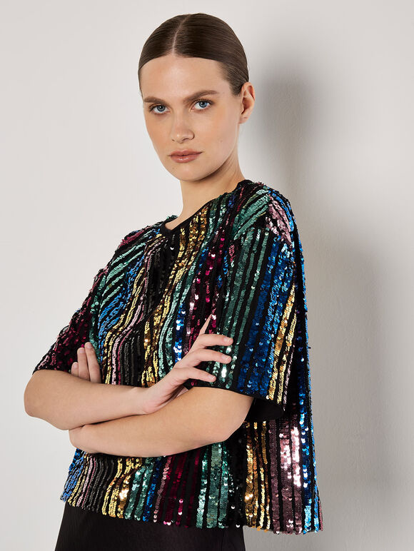 Rainbow Sequin Stripe Crop T-Shirt, Black, large