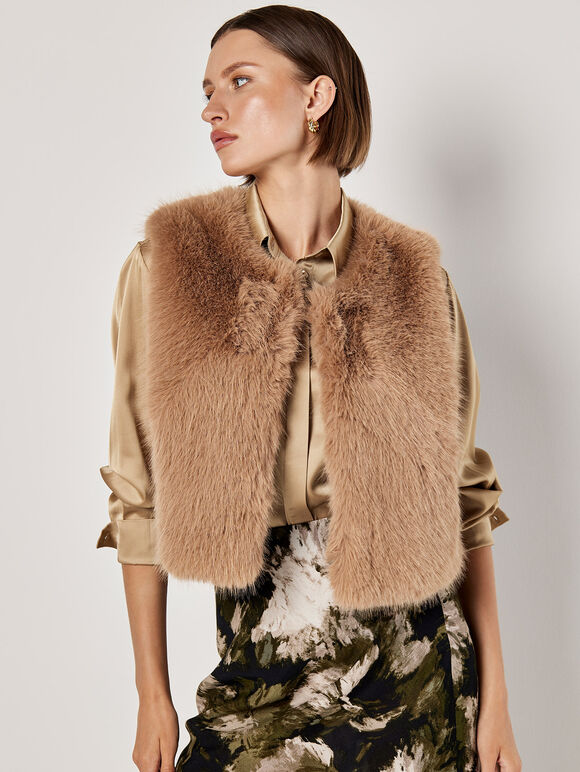 Faux Fur Cropped Gilet, Brown, large