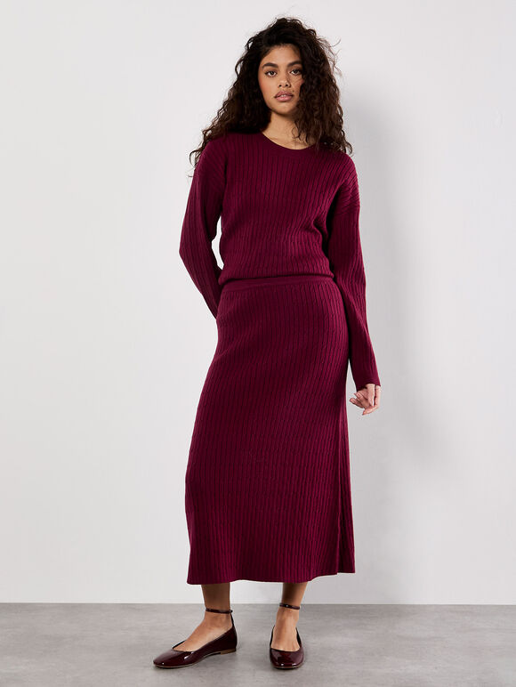 Fine Knit Cable Midi Skirt, Burgundy, large