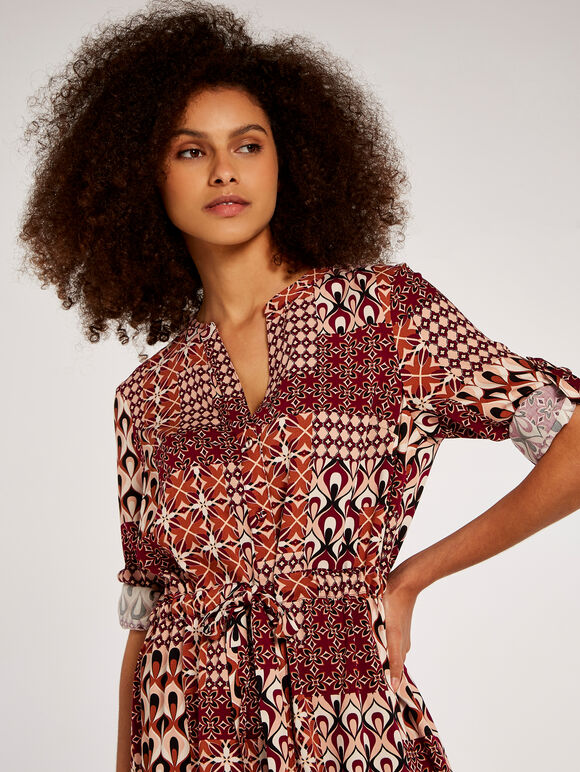 Patchwork Shirt Mini Dress, Burgundy, large