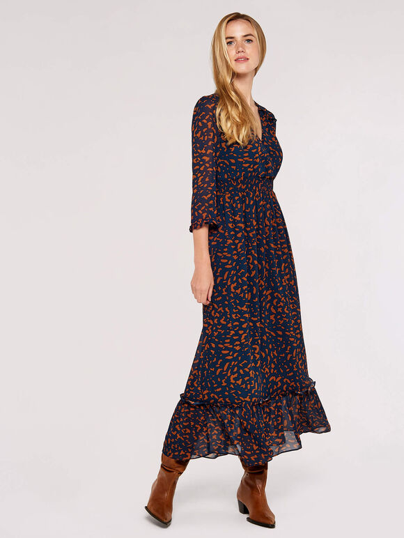 Animal Shirred Waist Dress, Navy, large