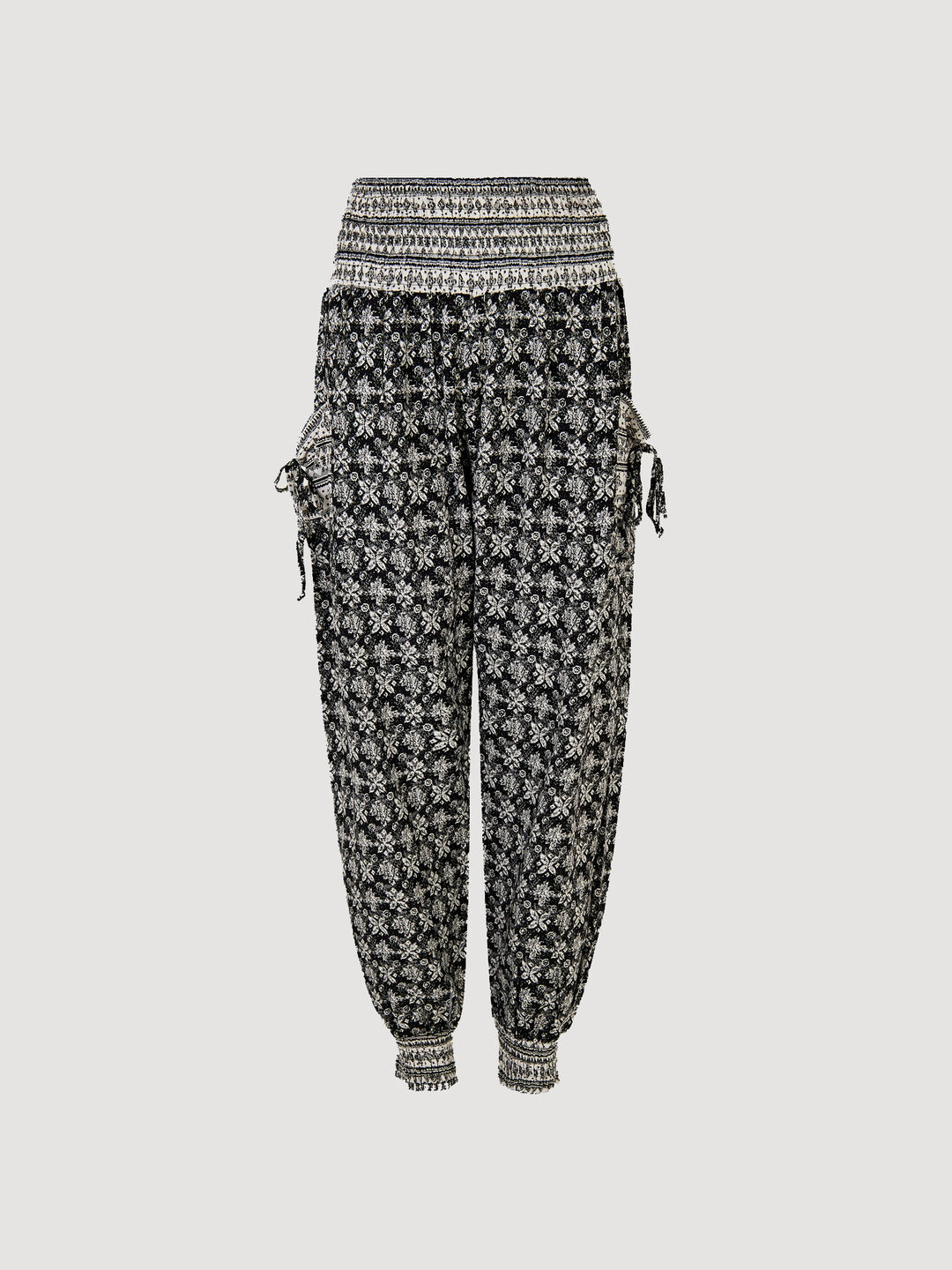 Pantalon jogging smocké tissé à imprimé batik floral Apricot