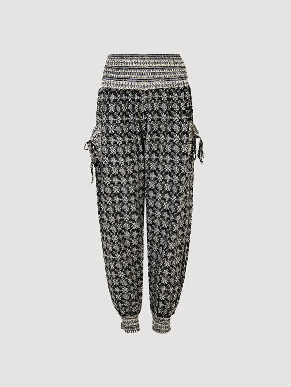 Batik Floral  Woven Smocked Joggers, Black, large
