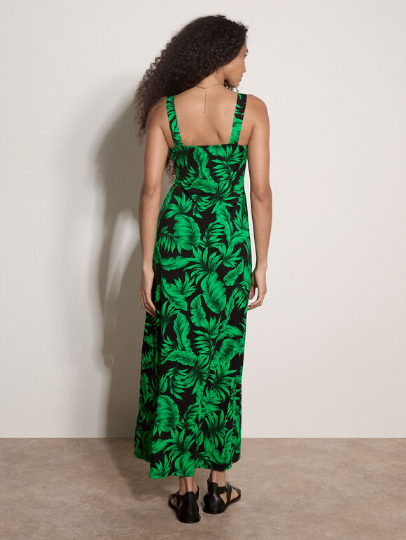 Tropical Leaf Jersey Maxi Dress, Black, large