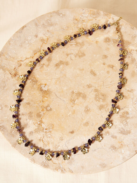 Goldene Halskette mit Blumen und Steinen, sortiert, groß