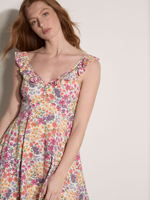 Vintage Floral Ruffle Mini Dress
, Cream, large