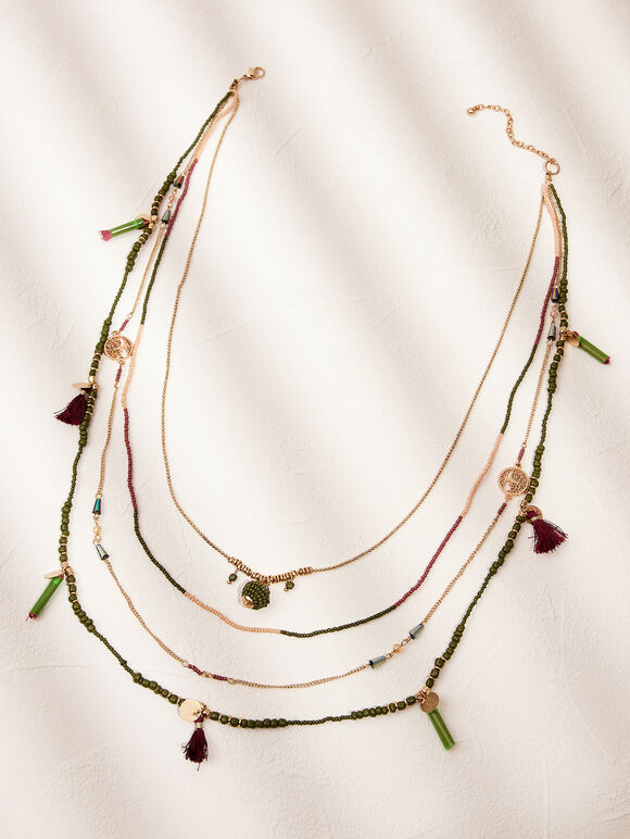 Gold Tone Layered Beaded Necklace, Assorted, large