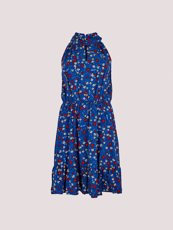 Ditsy Halter Mini Dress, Blue, large