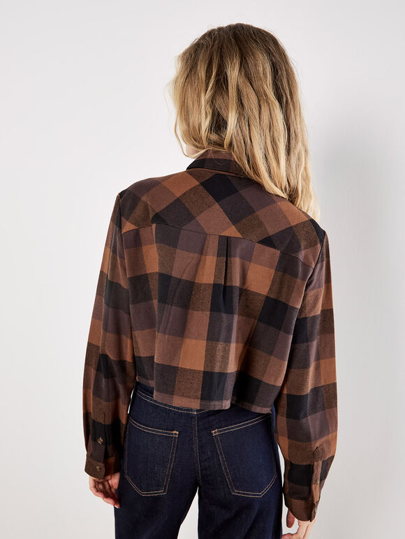 Check Print Cropped Shirt, Brown, large