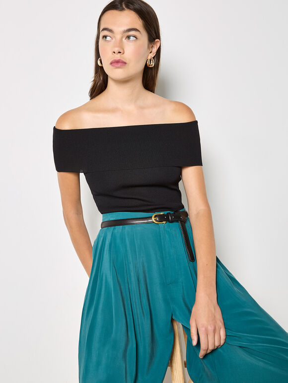 Rib Knit Bardot Top, Black, large