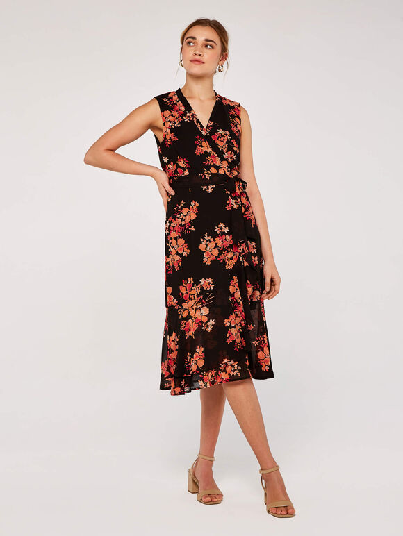 Graphic Floral Wrap Dress, Black, large